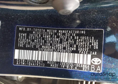 2018 Toyota Corolla Le из США, поврежденный, VIN 5YFBURHE3JP808397